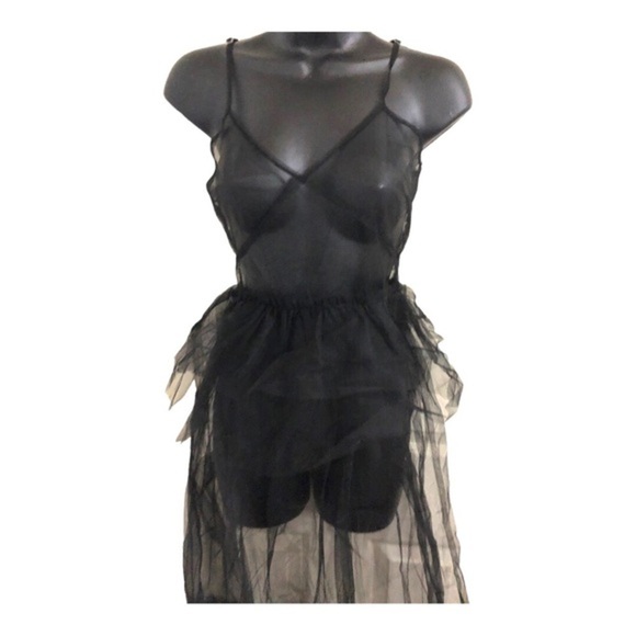 Black sheer mesh‎ chiffon tulle peplum goth tutu v-neck dress size medium new - Picture 9 of 10